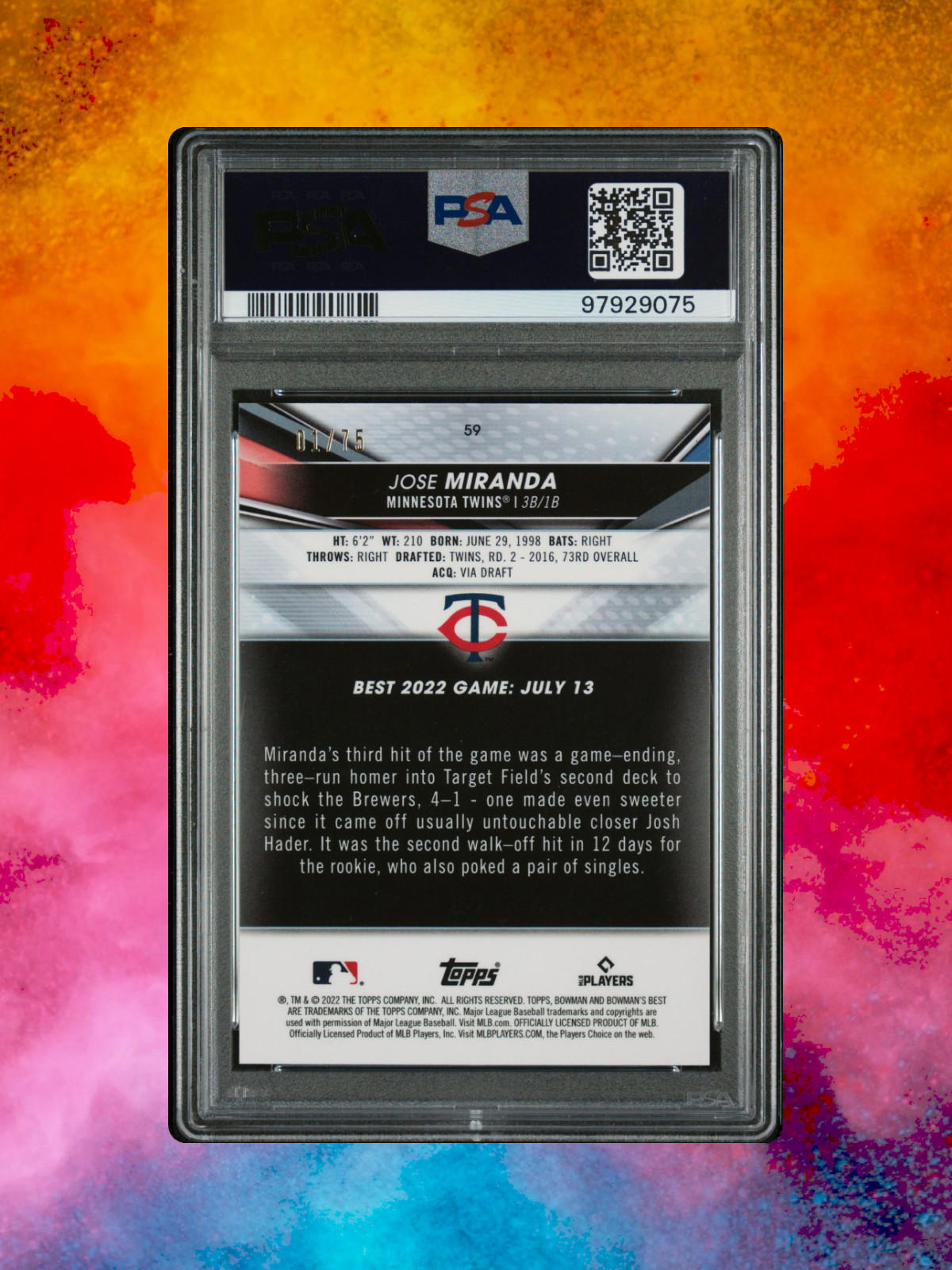 2022 Bowman Best Jose Miranda #59 - Gold Lava Refractor /75 - PSA 6