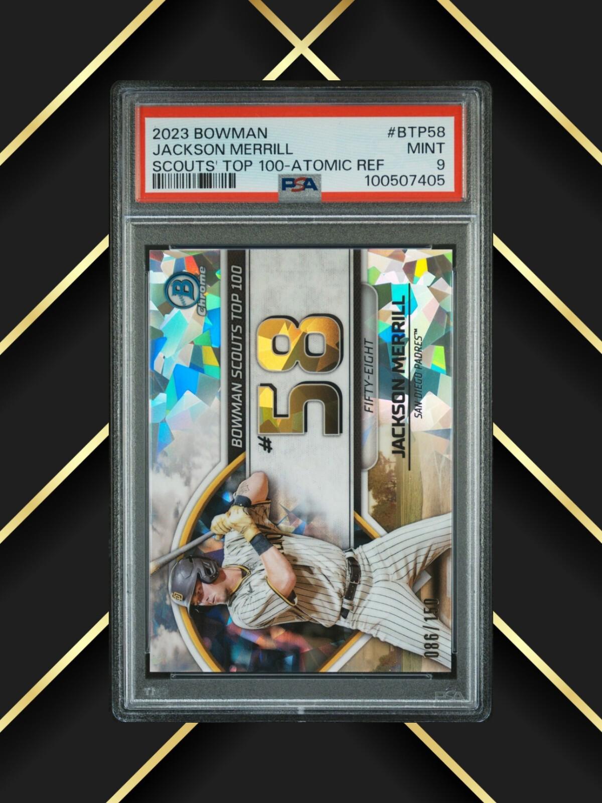 2023 Bowman - Jackson Merrill #BTP-58 - Bowman Top 100 - Atomic /150 - PSA 9