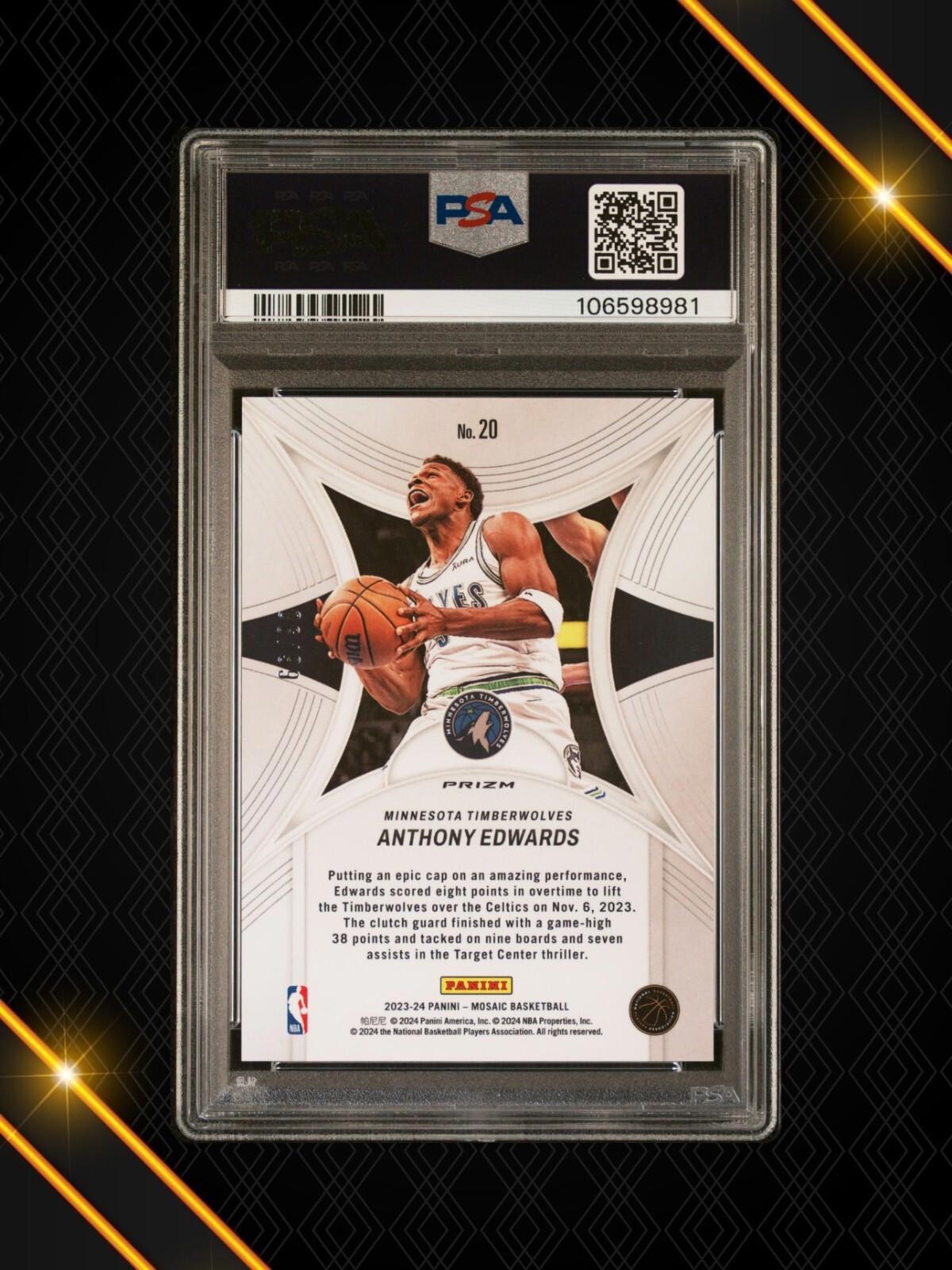 2023 Panini Mosaic - Anthony Edwards #20 - Epic Perf - Reactive Ylw /99 - PSA 10