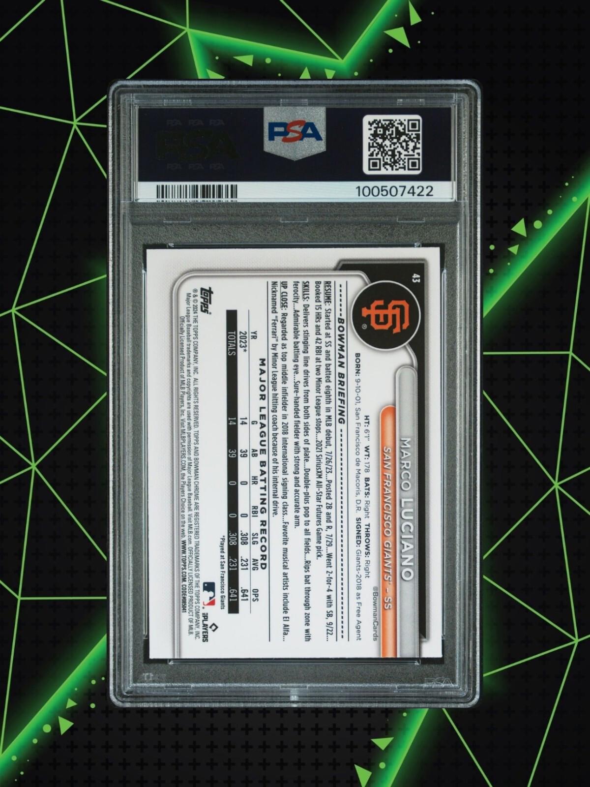 2024 Bowman Chrome - Green Refractor #43 Marco Luciano /99 (RC) - PSA 9