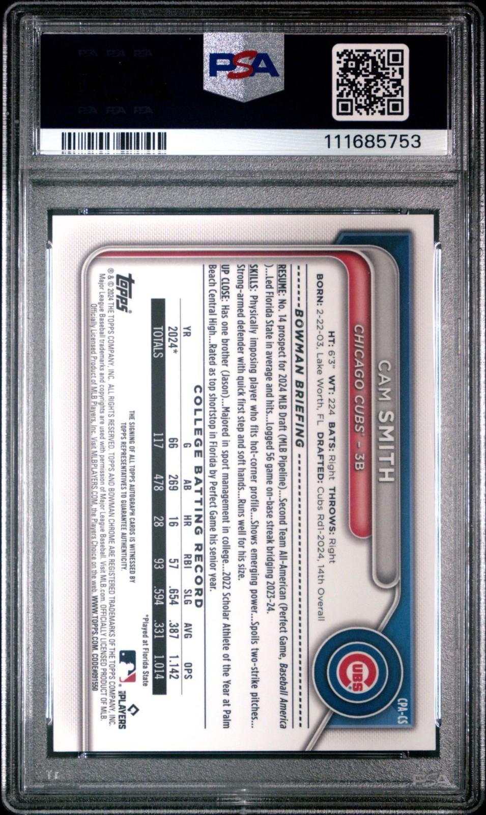 2024 Bowman Draft - Cam Smith #CPA-CS - Chrome Auto - (RC, AU) PSA 9