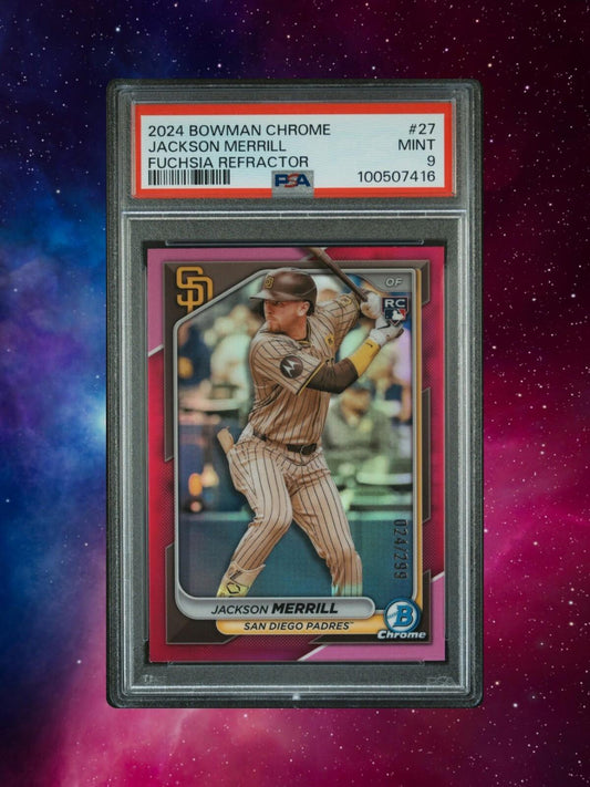 2024 Bowman Chrome - #27 Jackson Merrill (RC) - Fuchsia Refractor /299 - PSA 9