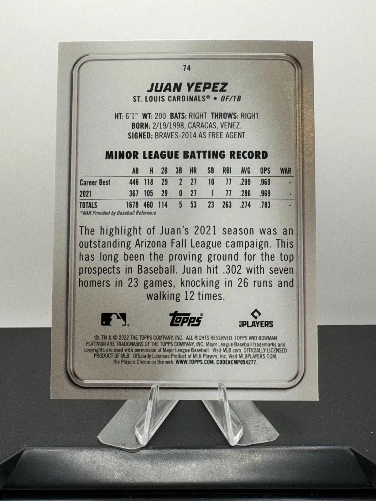 2022 Bowman Platinum - #74 Juan Yepez (RC)