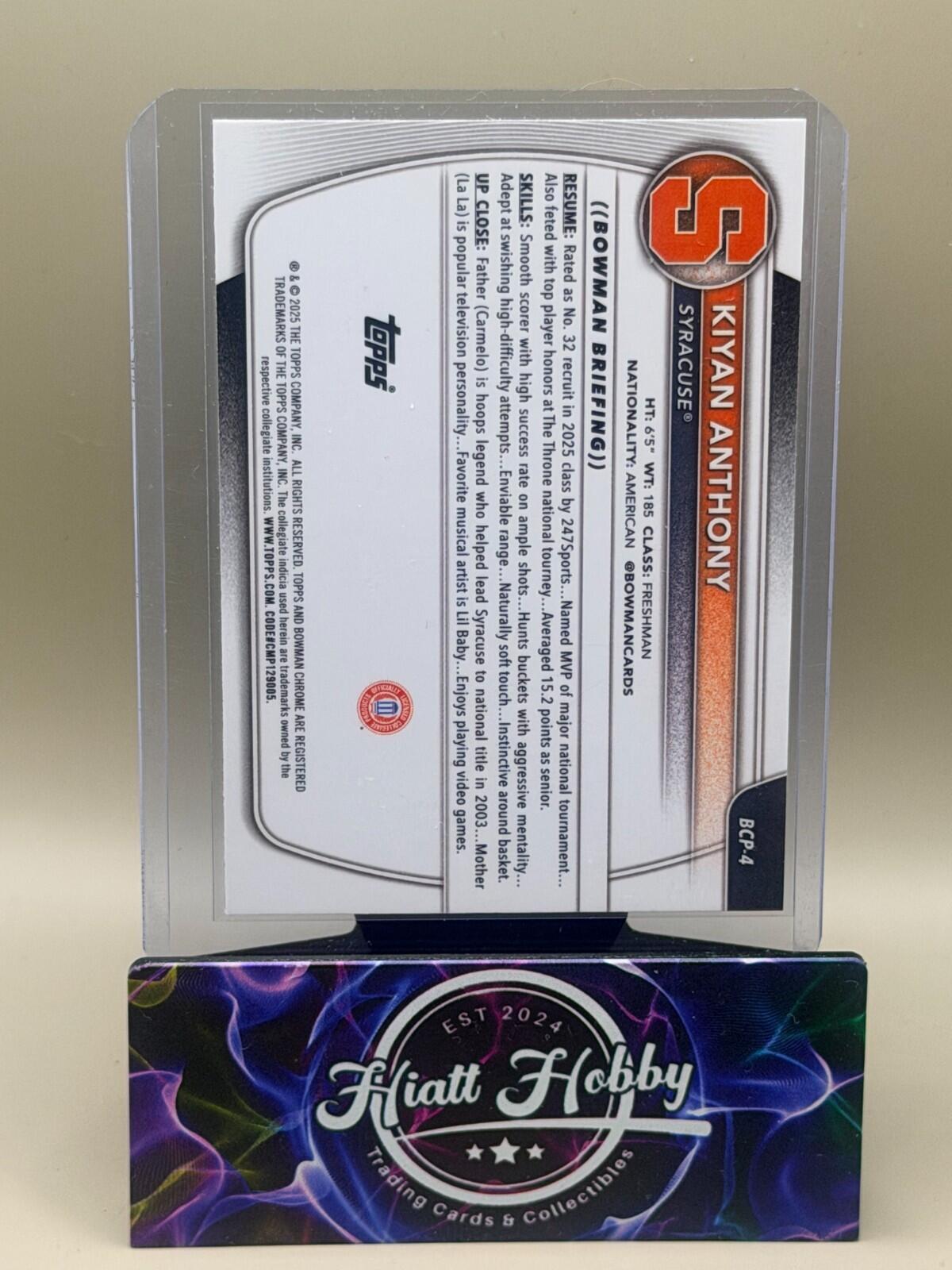 2025-26 Bowman Chrome Basketball #BCP-4 Kiyan Anthony Reptilian Refractor (1st)