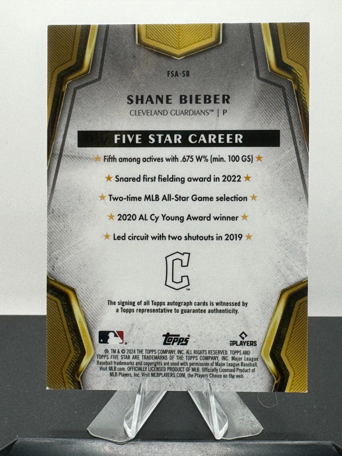 2024 Topps 5 Star - Shane Bieber #FSA-SB - Five Star Autos - Aqua Parallel /75