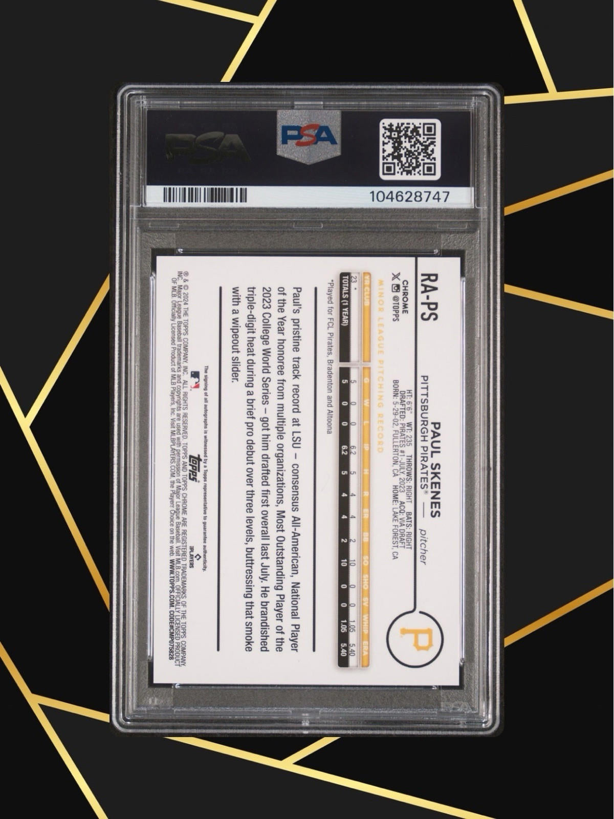 2024 TOPPS CHROME UPDATE GOLD WAVE AUTO /50 PAUL SKENES RC ROOKIE PSA 10 - POP 3