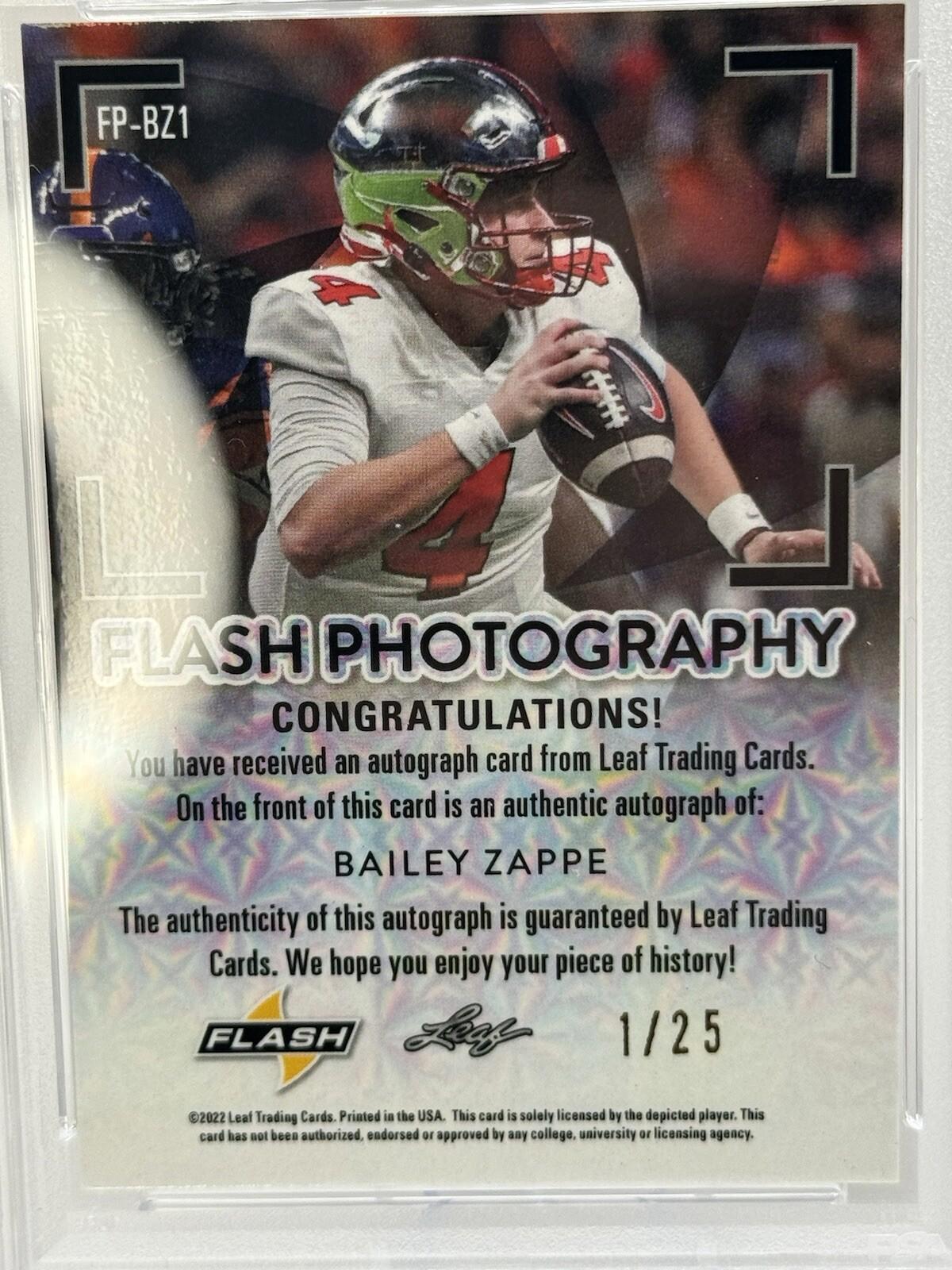 BAILEY ZAPPE 🏈 2022 Leaf Flash Photography Blue Auto #FP-BZ1 | 1 /25 | PSA 9