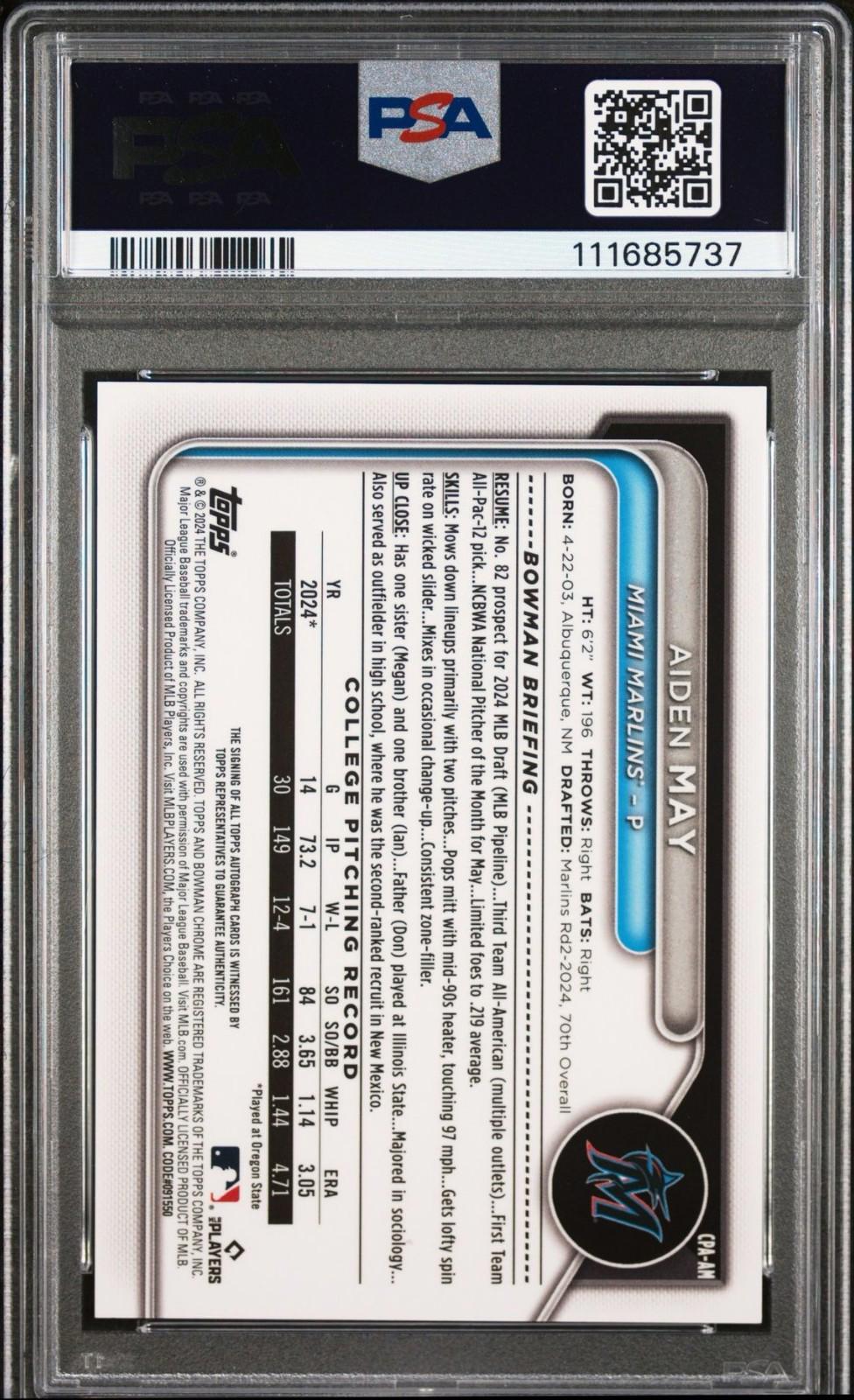 2024 Bowman Draft - Aiden May #CPA-AM - Gold Wave Auto (AU, RC) - PSA 10