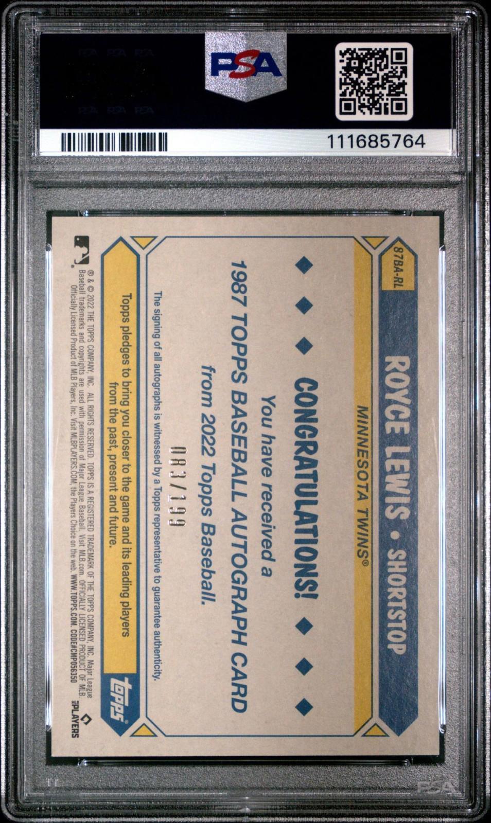 2022 Topps Update - Royce Lewis #87BA-RL - Black Auto /199 (RC, AU) - PSA 9