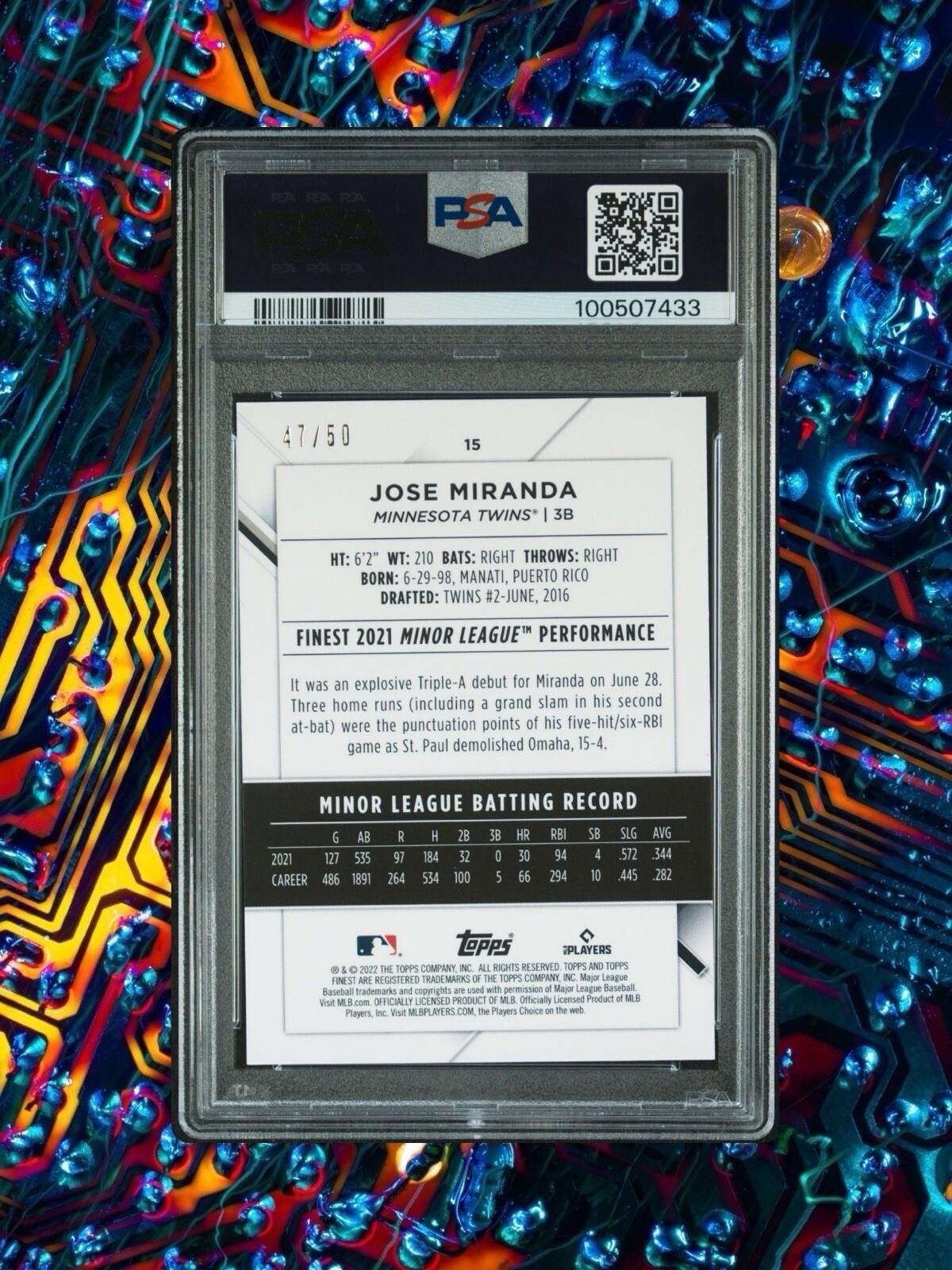 2022 Topps Finest - Gold Refractor #15 Jose Miranda /50 (RC) - PSA 8