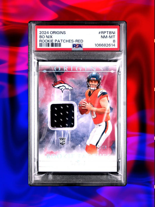 2024 Panini Origins Football - Bo Nix - Rookie Patches - Red /99 - PSA 8