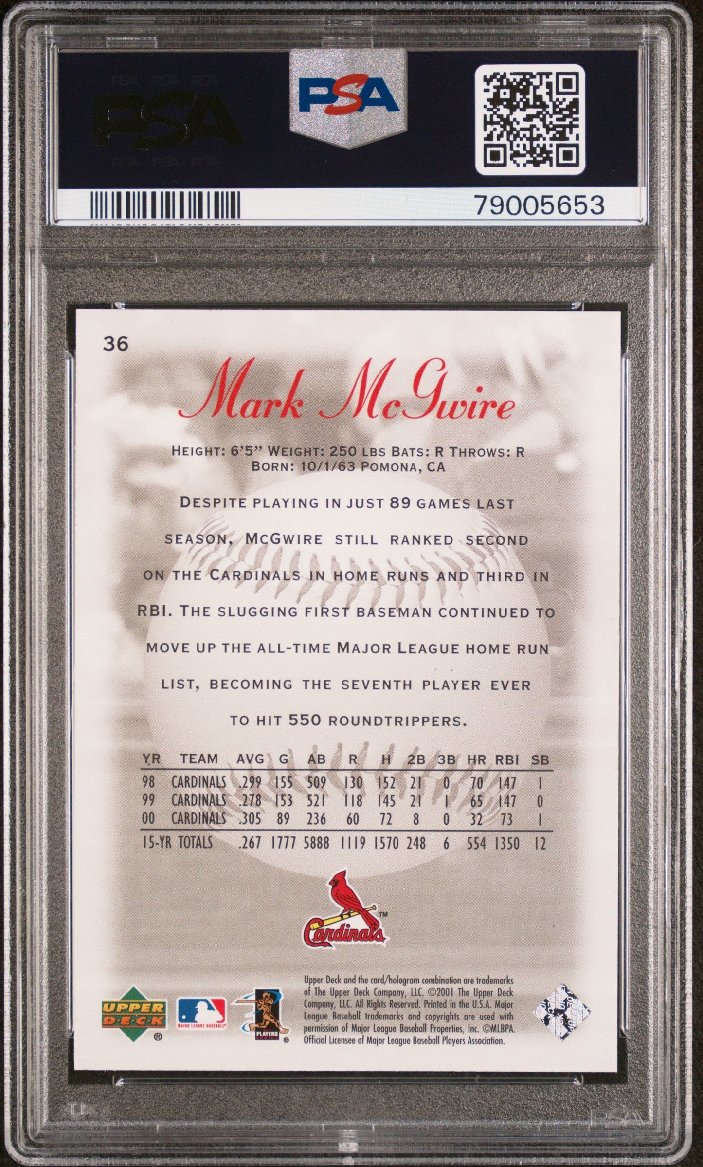 2001 UPPER DECK SWEET SPOT MARK McGWIRE #36 - PSA 10