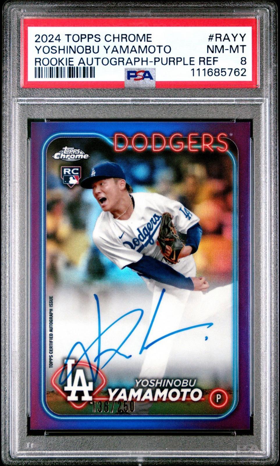 2024 Topps Chrome - Yoshinobu Yamamoto - Purple Auto /250 (RC, AU) - PSA 8