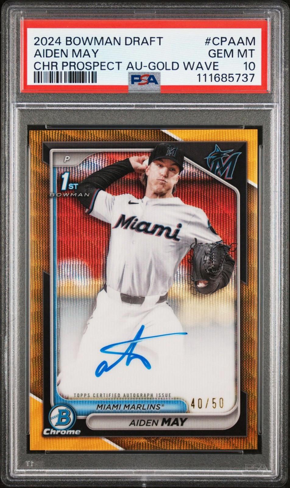 2024 Bowman Draft - Aiden May #CPA-AM - Gold Wave Auto (AU, RC) - PSA 10