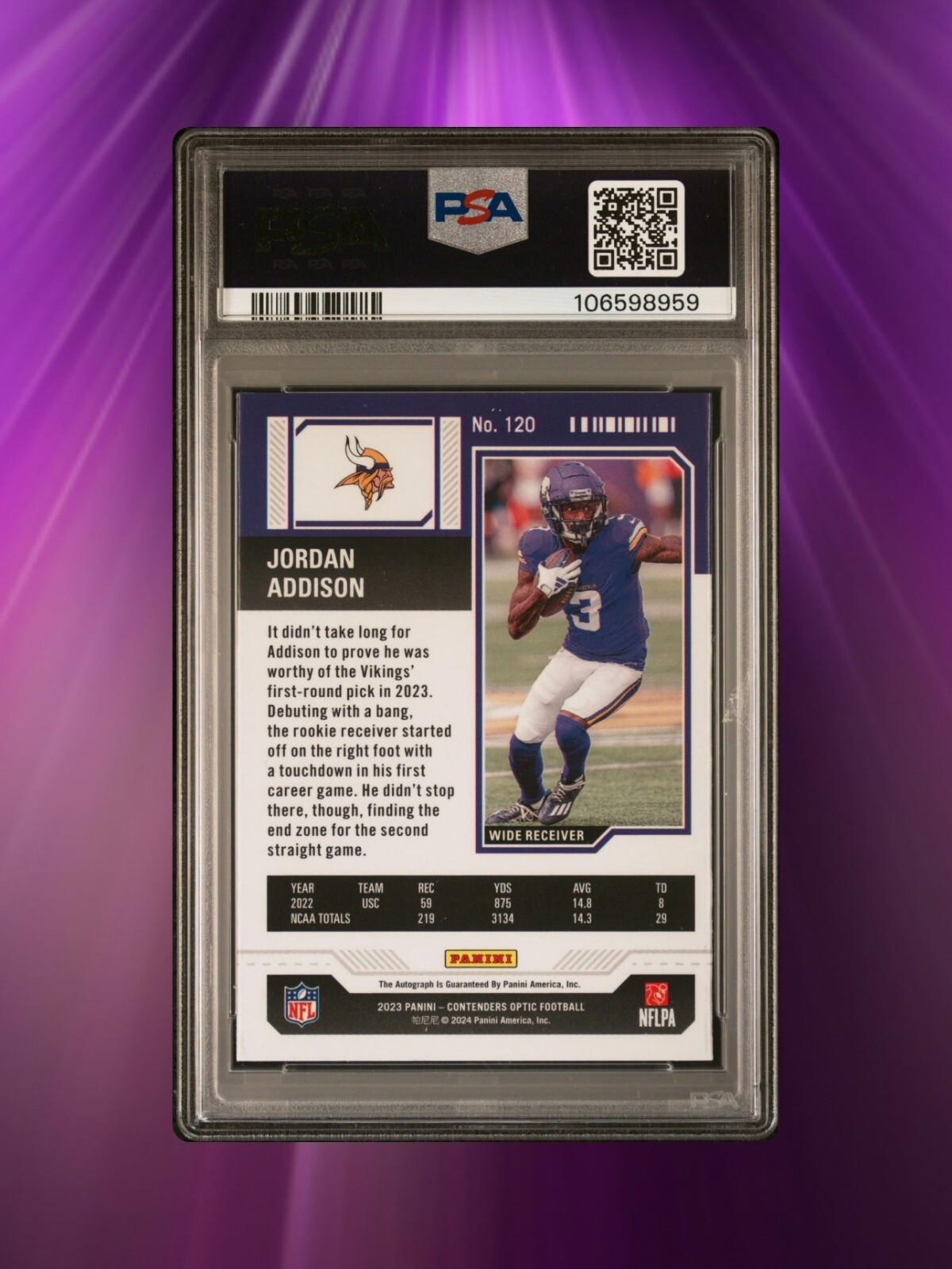 2023 Panini Contenders Optic - Jordan Addison #120 - Rookie Ticket Auto - PSA 9