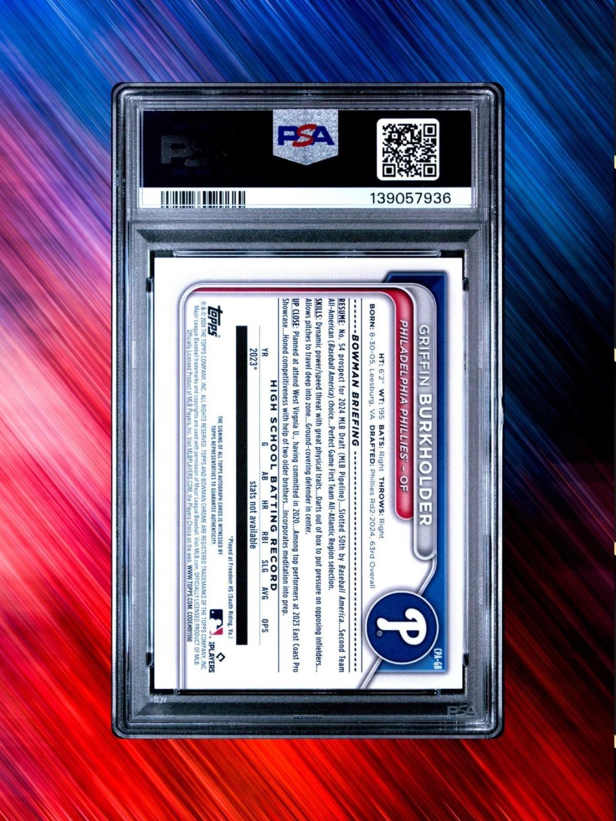 2024 Bowman Draft Sapphire #CPA-GB Griffin Burkholder - Auto /199 - PSA 10