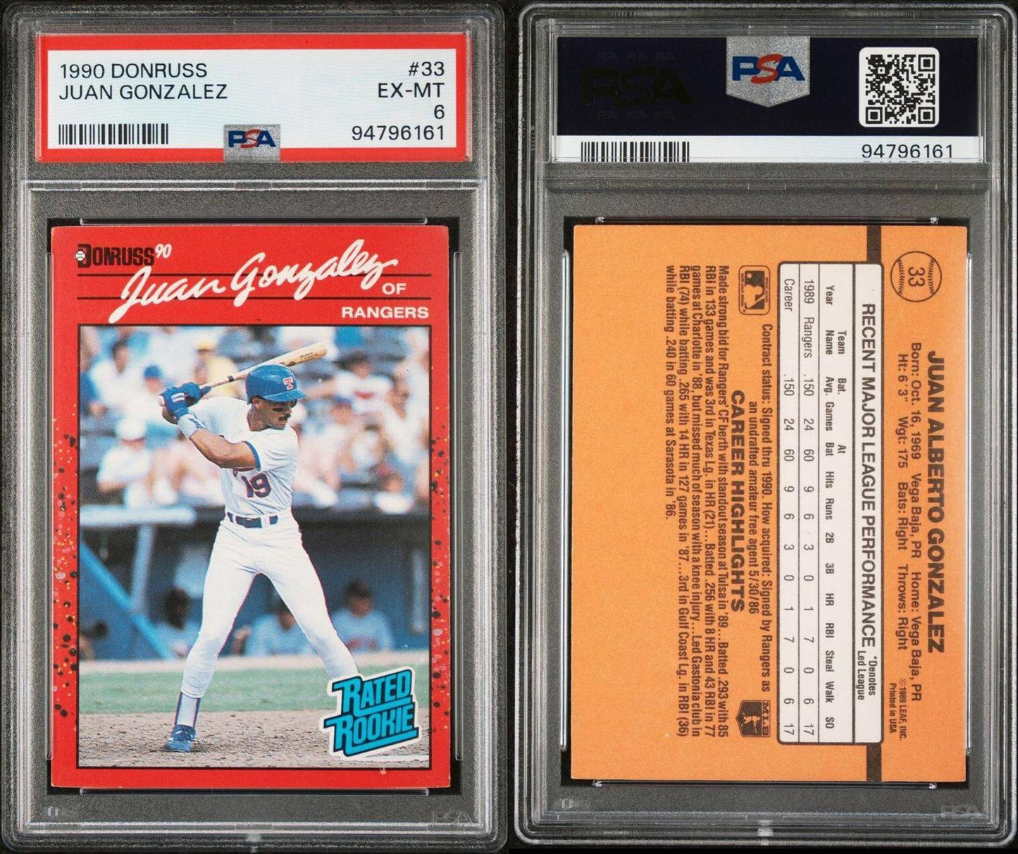 1990 Donruss - Rated Rookie #33 Juan González (RC) PSA 6