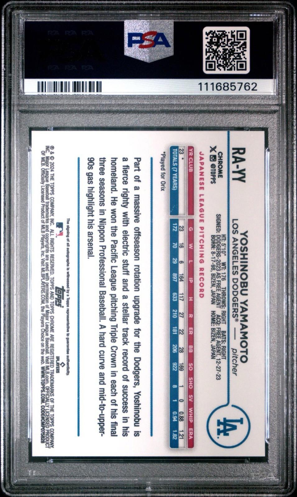 2024 Topps Chrome - Yoshinobu Yamamoto - Purple Auto /250 (RC, AU) - PSA 8