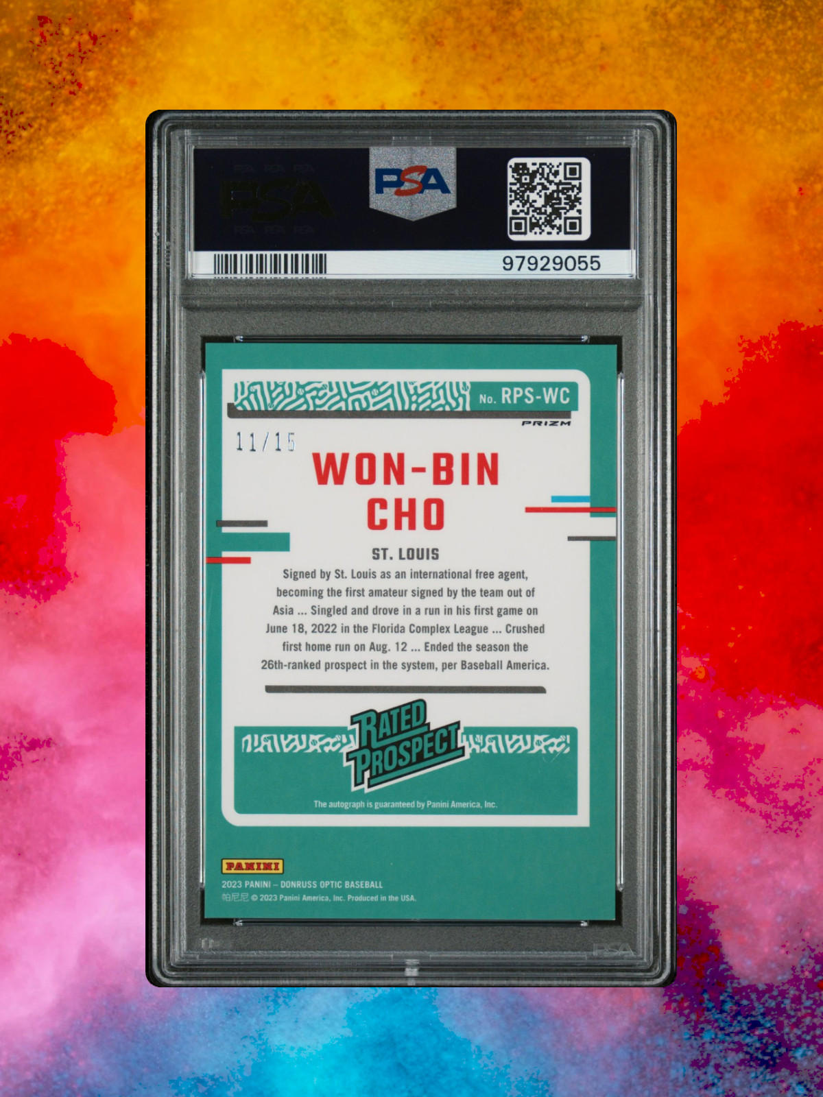 2023 Donruss Won-Bin Cho #RPS-WC - Optic Signatures - Pink Velocity /15 - PSA 9