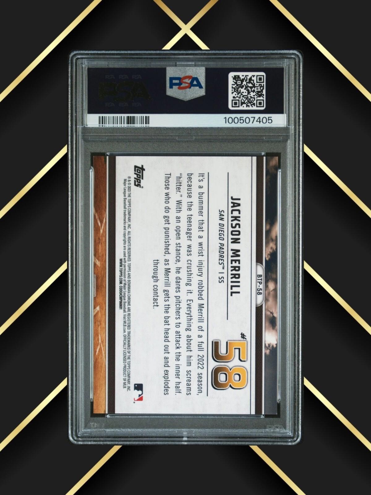 2023 Bowman - Jackson Merrill #BTP-58 - Bowman Top 100 - Atomic /150 - PSA 9