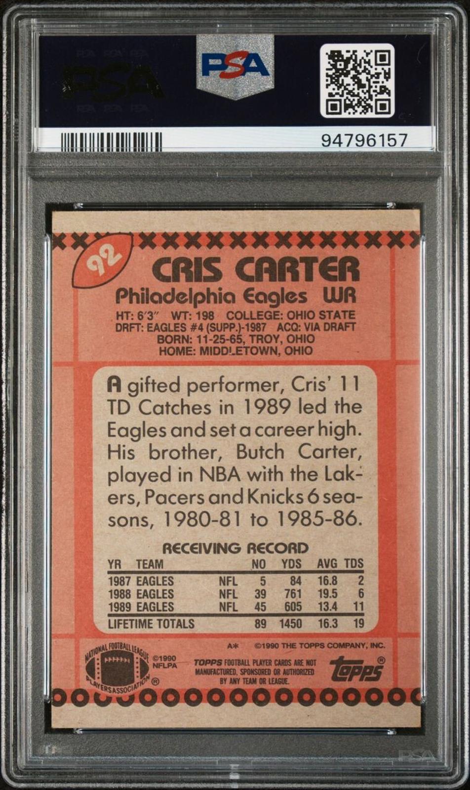 1990 Topps - #92 Cris Carter PSA 6