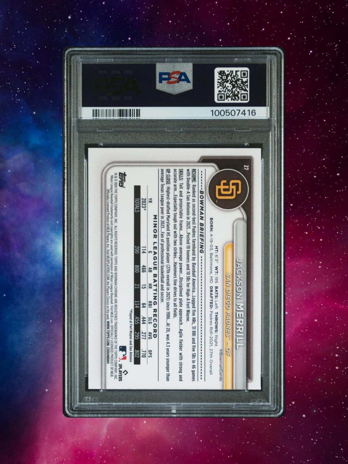 2024 Bowman Chrome - #27 Jackson Merrill (RC) - Fuchsia Refractor /299 - PSA 9