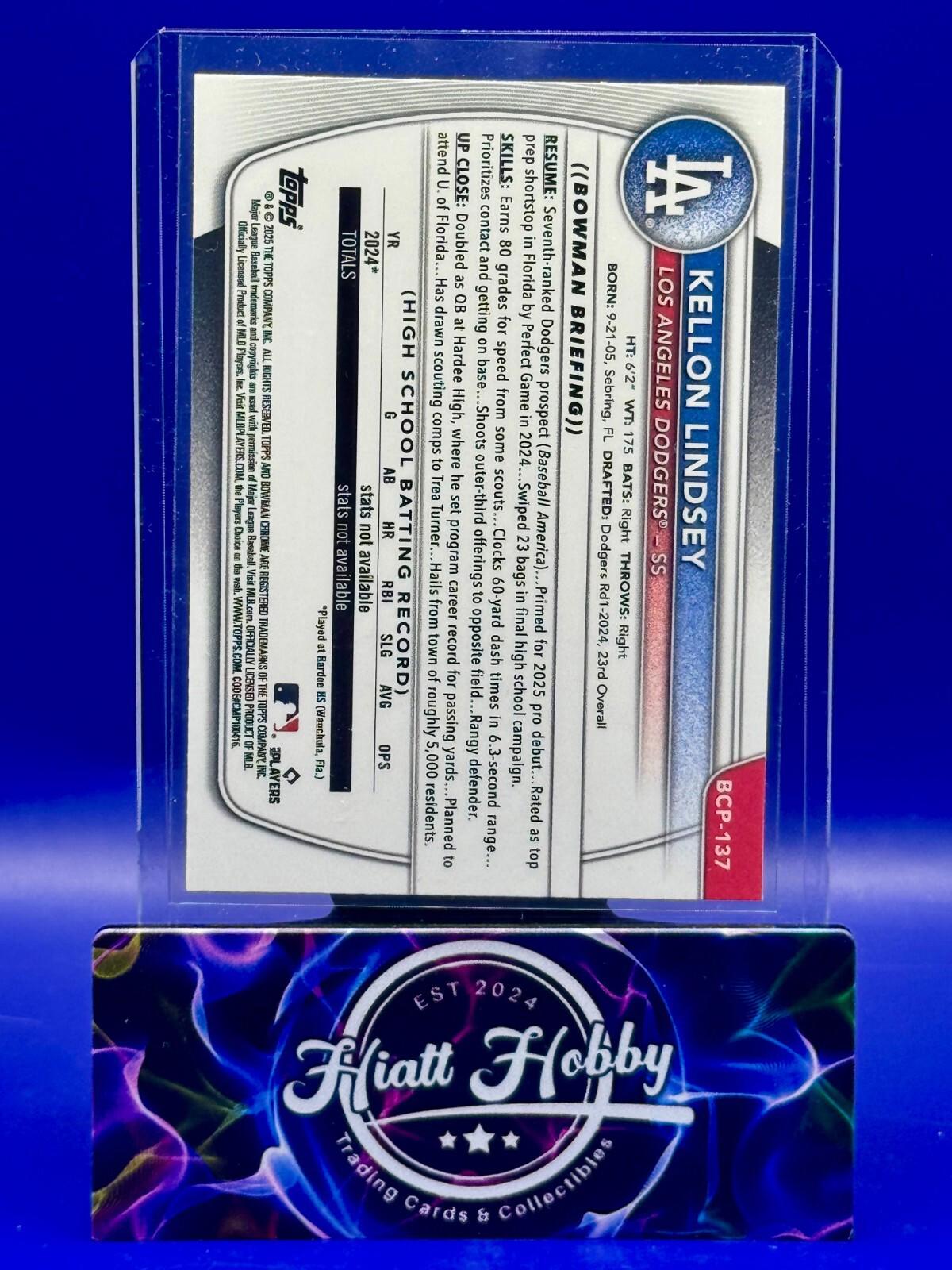 2025 Bowman - Chrome Prospects Kellon Lindsey #BCP-137 Reptilian Refractor (RC)