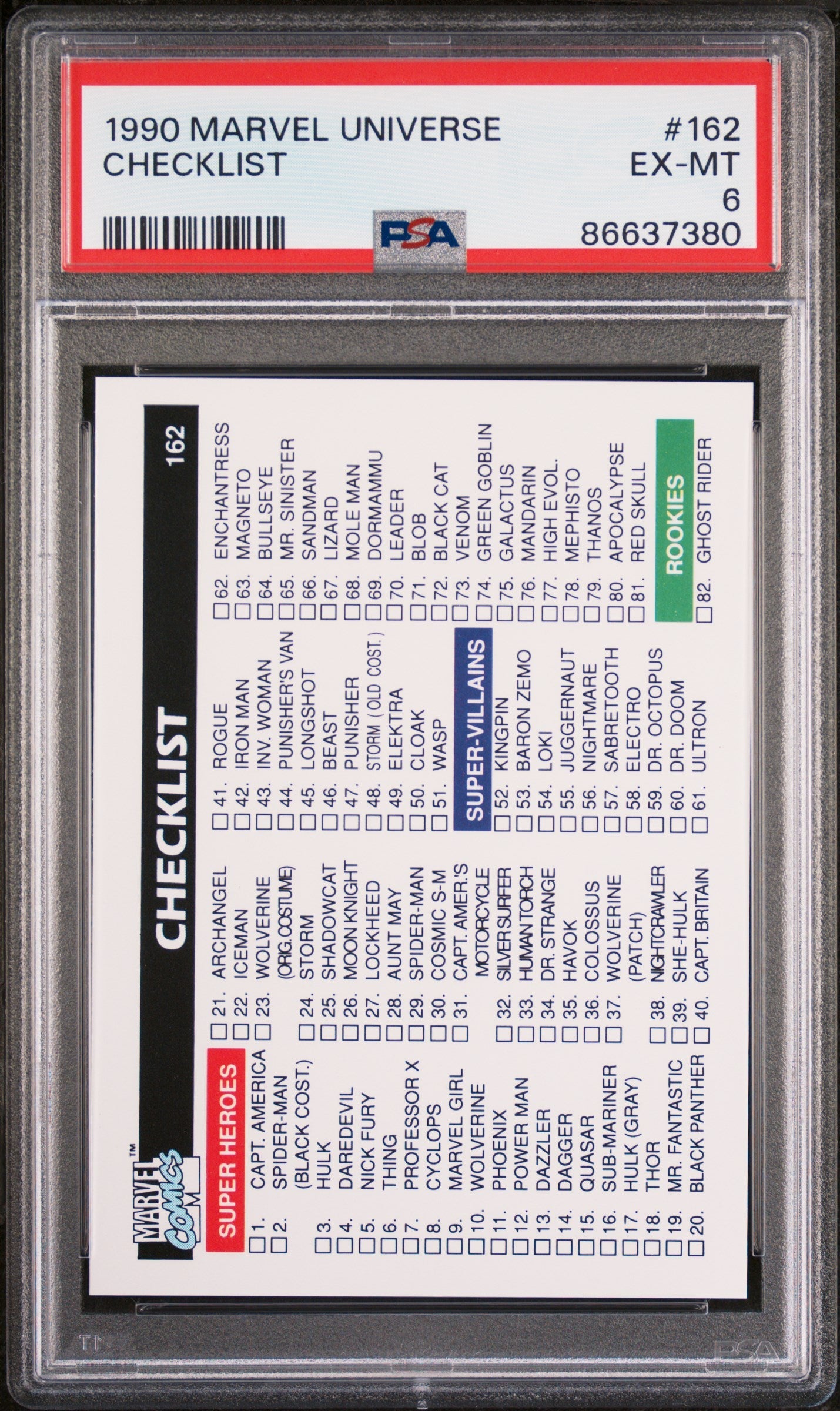 1990 MARVEL UNIVERSE CHECKLIST #162 - PSA 6