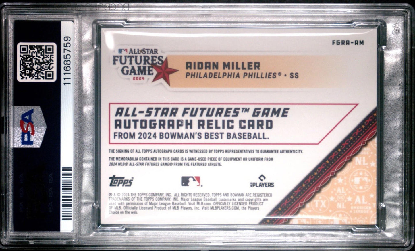 2024 Bowman's Best - Aidan Miller - Futures Game Relic Auto - Gold /50 - PSA 9