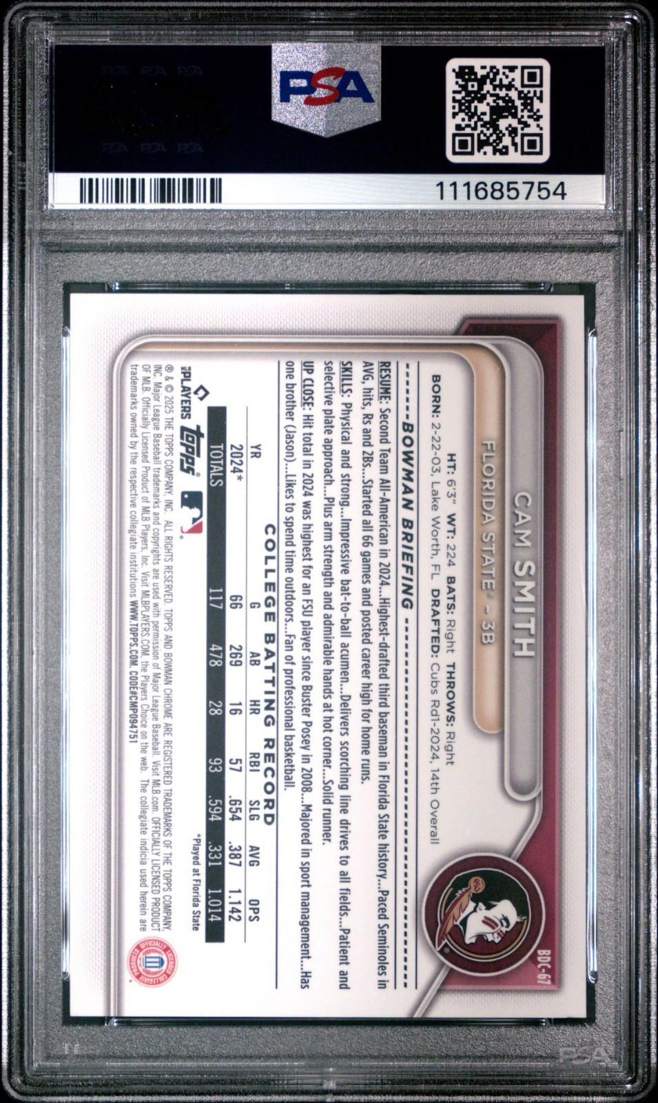 2024 Bowman Draft - Cam Smith #BDC-67 - College Variation - Red 1/5 (RC) PSA 10