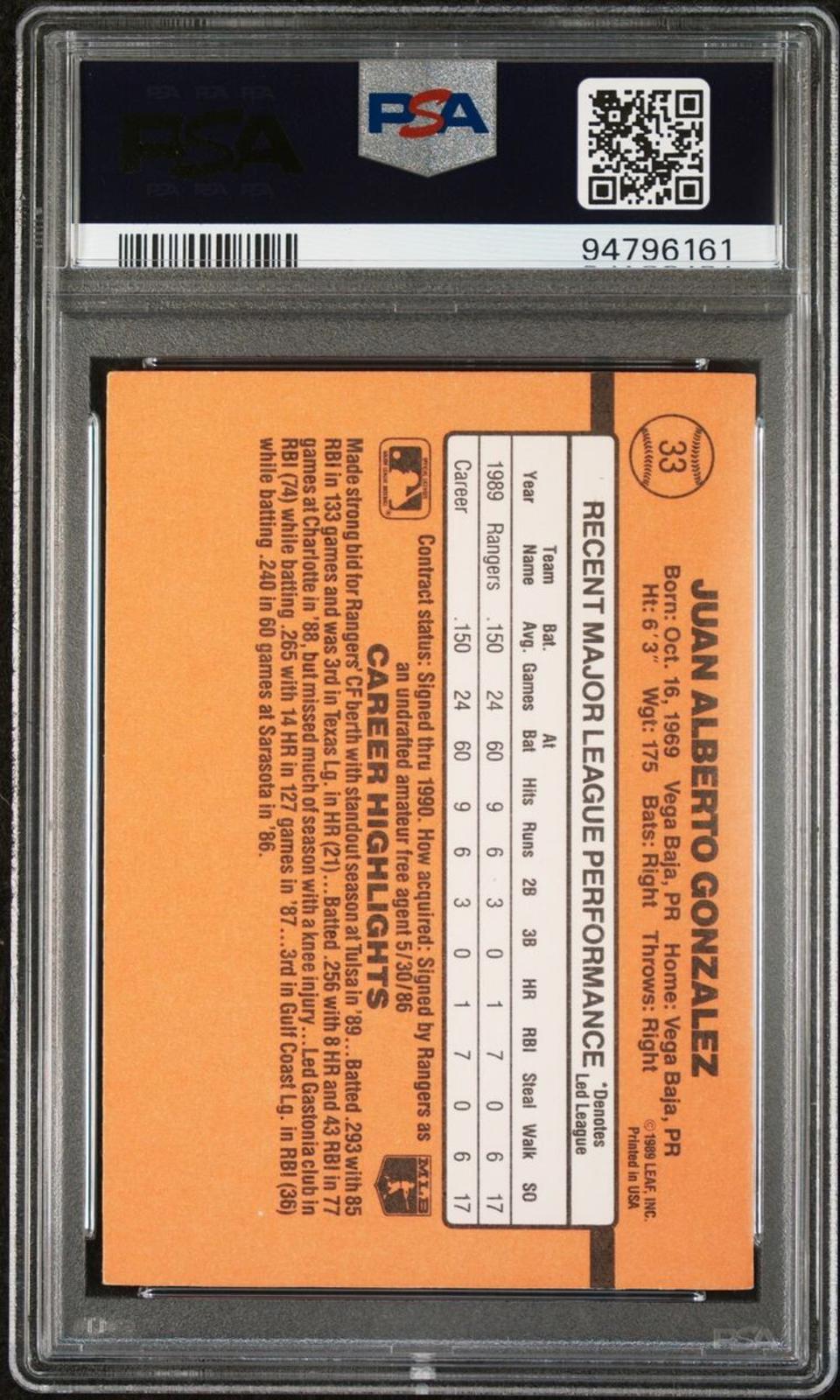 1990 Donruss - Rated Rookie #33 Juan González (RC) PSA 6