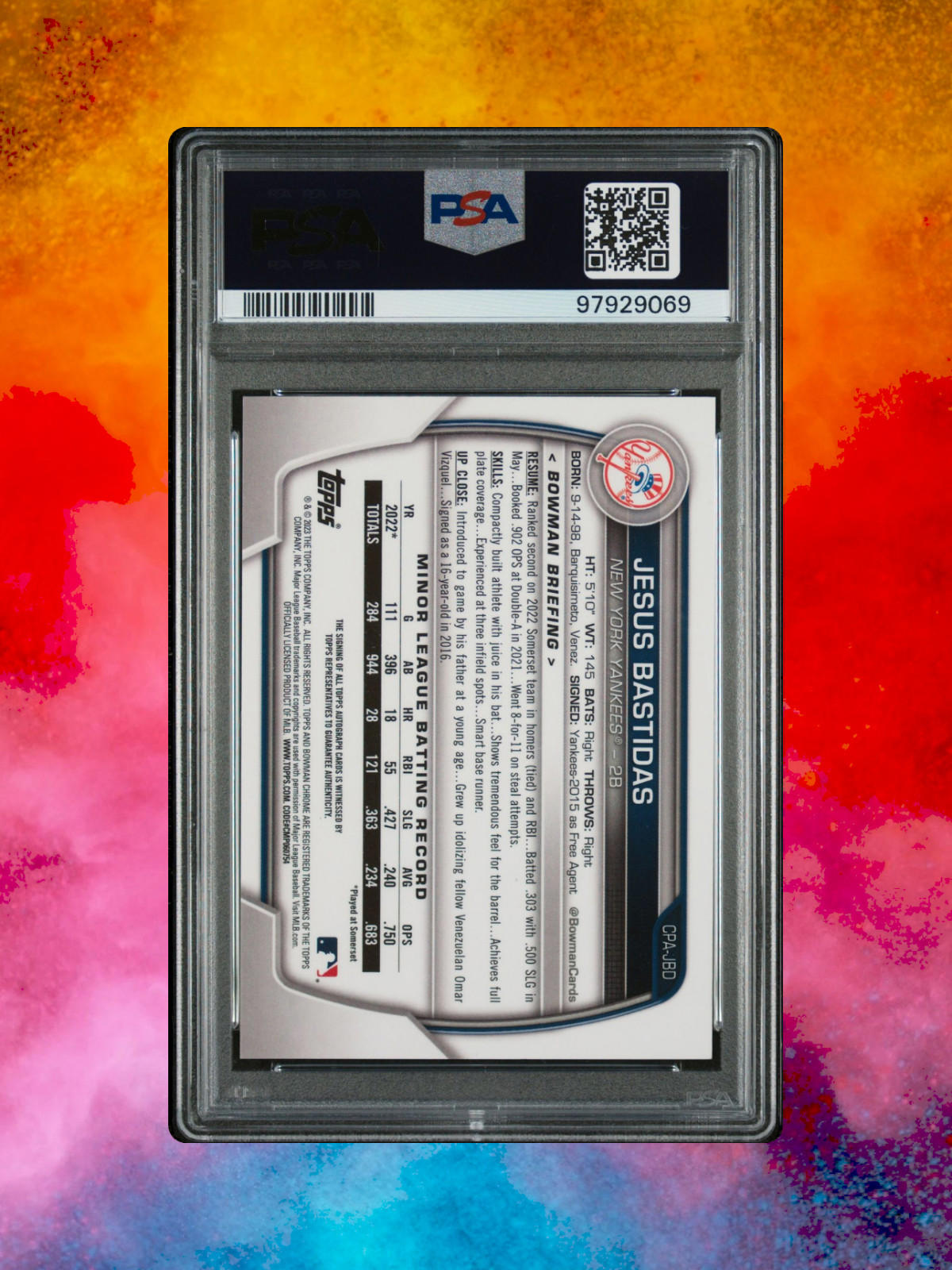 2023 Bowman Chrome Jesus Bastidas #CPA-JBD - Speckle Refractor /299 - PSA 9