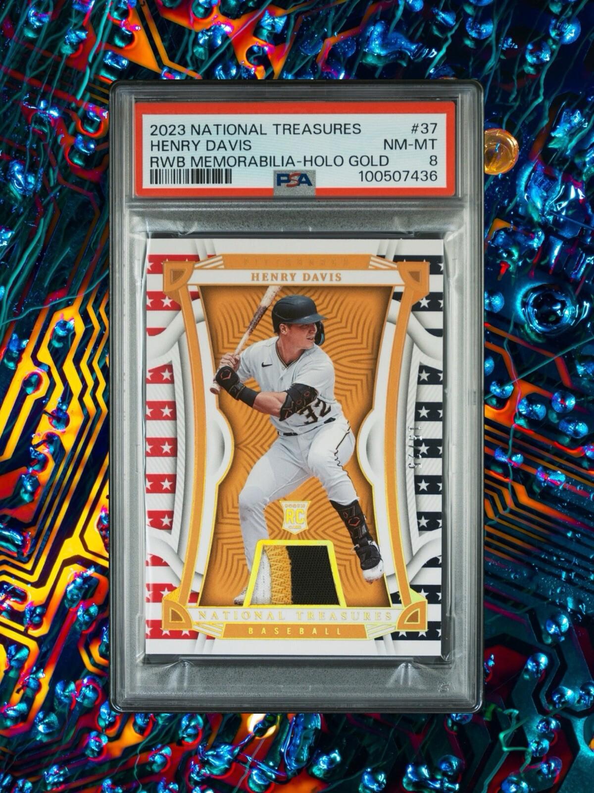 2023 NATIONAL TREASURES - HENRY DAVIS #37 - R/W/B Relic - Holo Gold /25 - PSA 8