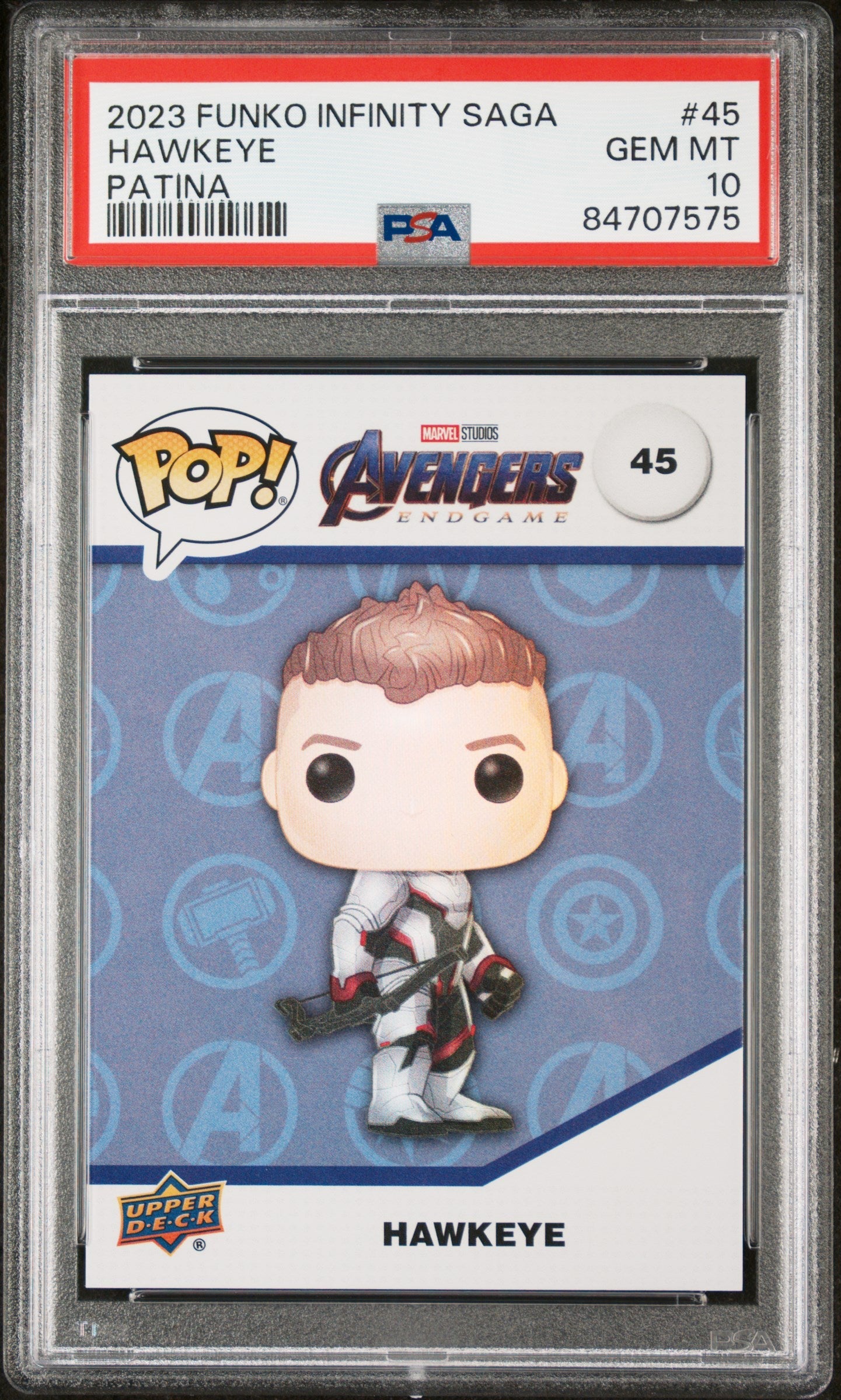 2023 UPPER DECK FUNKO POP MARVEL HAWKEYE PATINA #45 PSA 10
