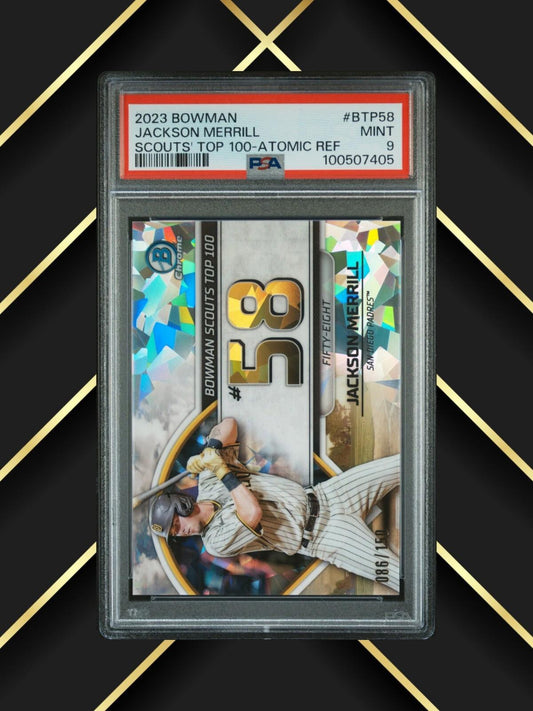 2023 Bowman - Jackson Merrill #BTP-58 -  Bowman Top 100 - Atomic /150 - PSA 9
