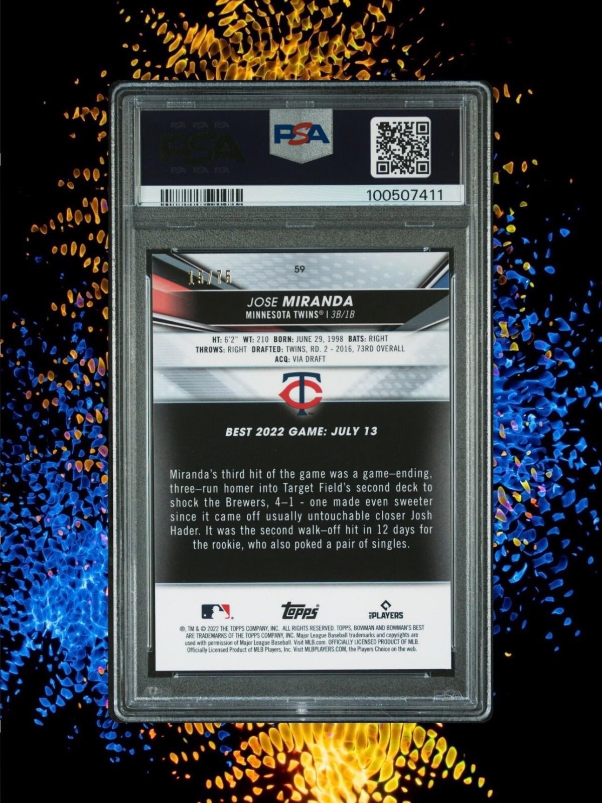 2022 Bowman's Best - Gold Lava Refractor #59 Jose Miranda /75 (RC) - PSA 9