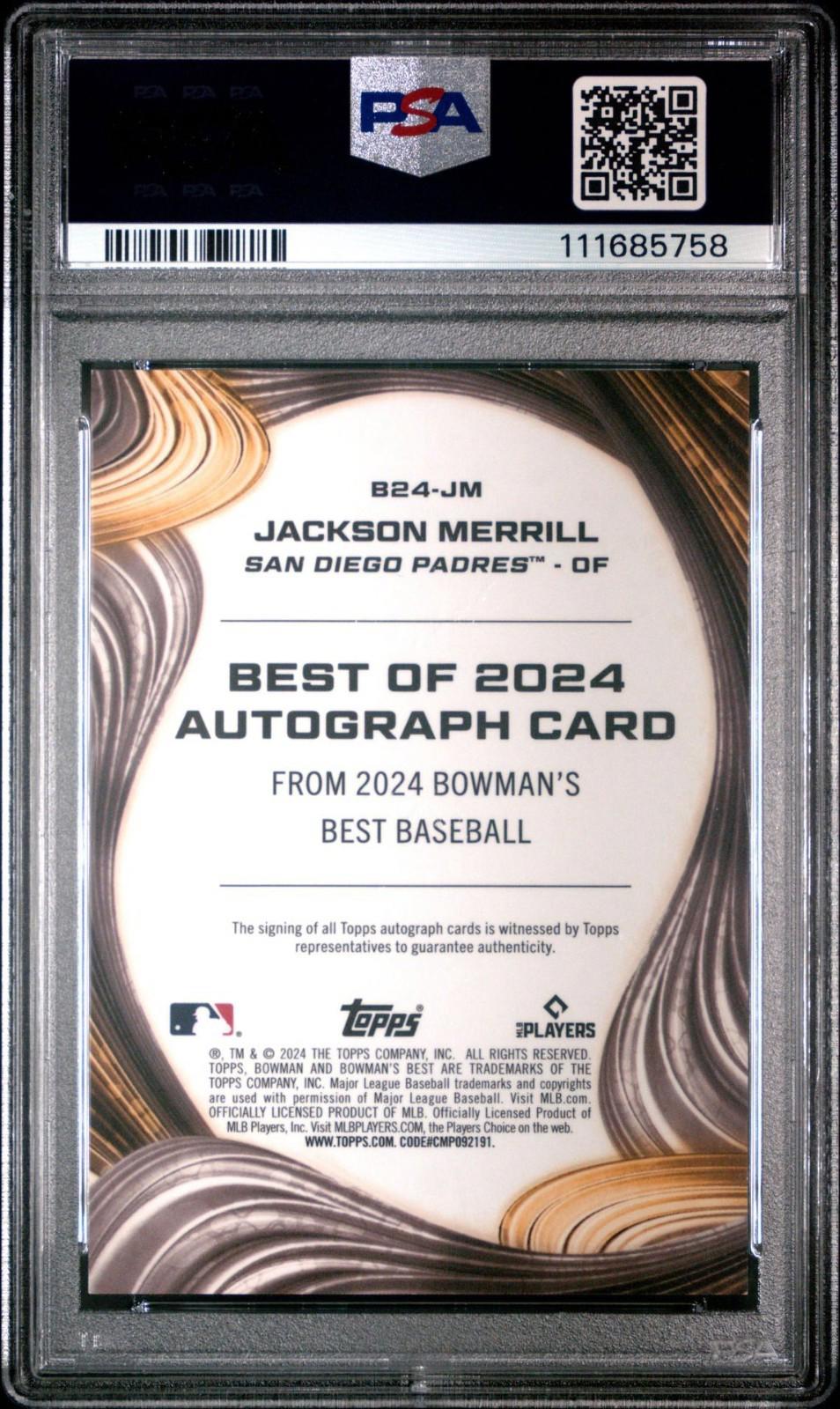 2024 Bowman's Best - Jackson Merrill #B24-JM - Green Auto /99 (RC, AU) - PSA 9
