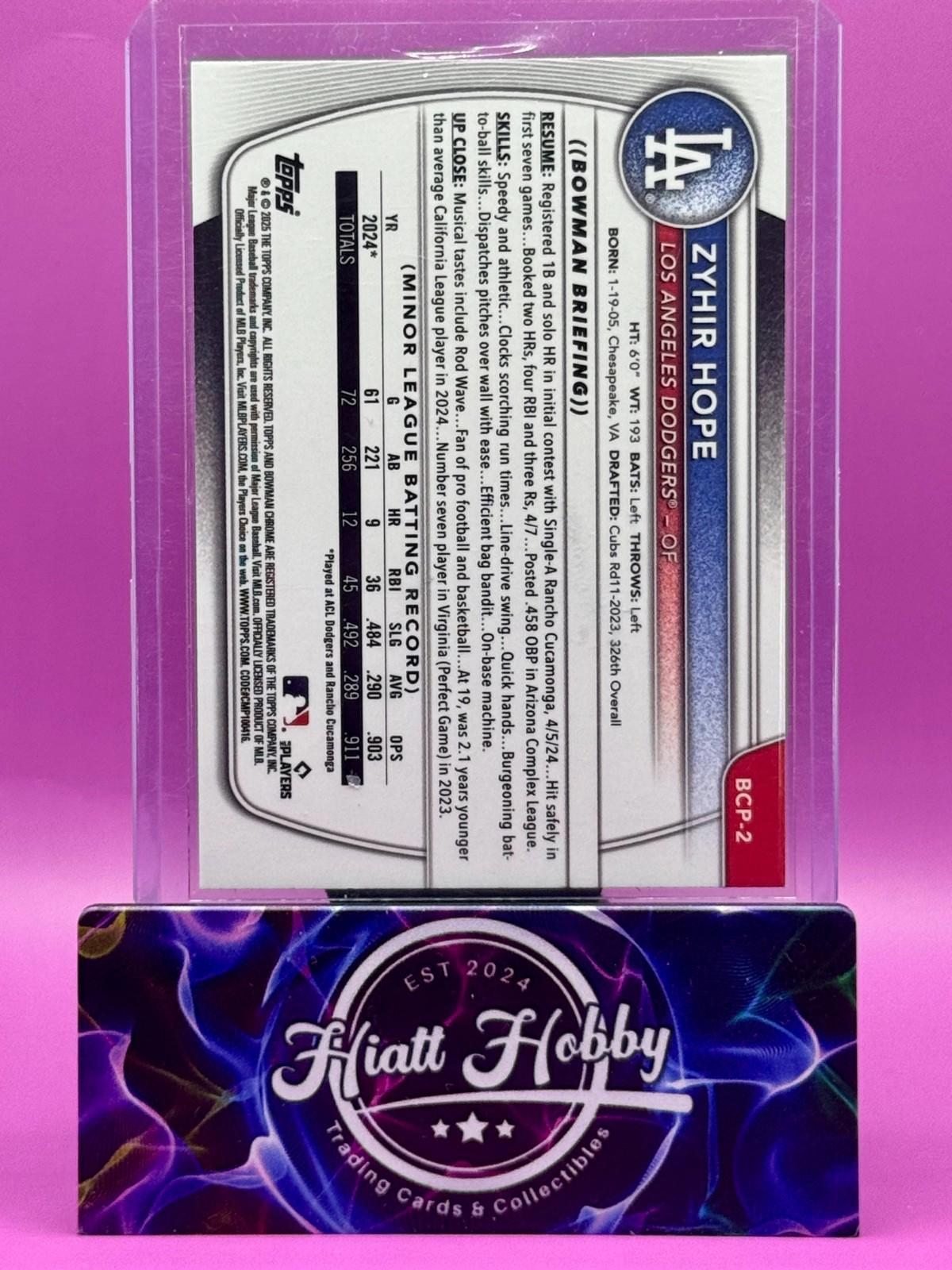 2025 Bowman Chrome -  Zyhir Hope #BCP-2 Purple Refractor /250 (RC)