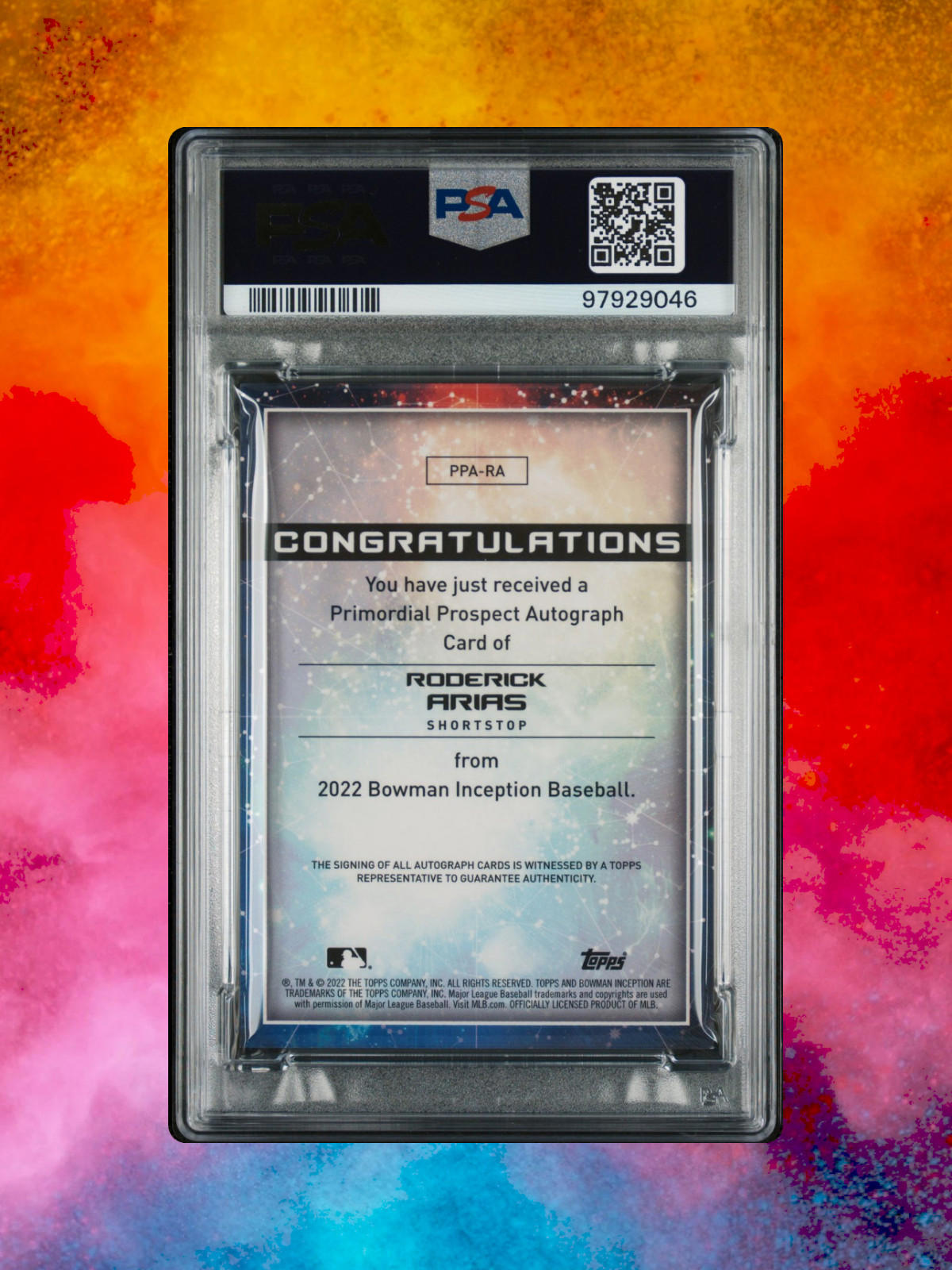 2022 Bowman Inception-Roderick Arias #PPA-RA - Primordial Prosp Auto /99 - PSA 9