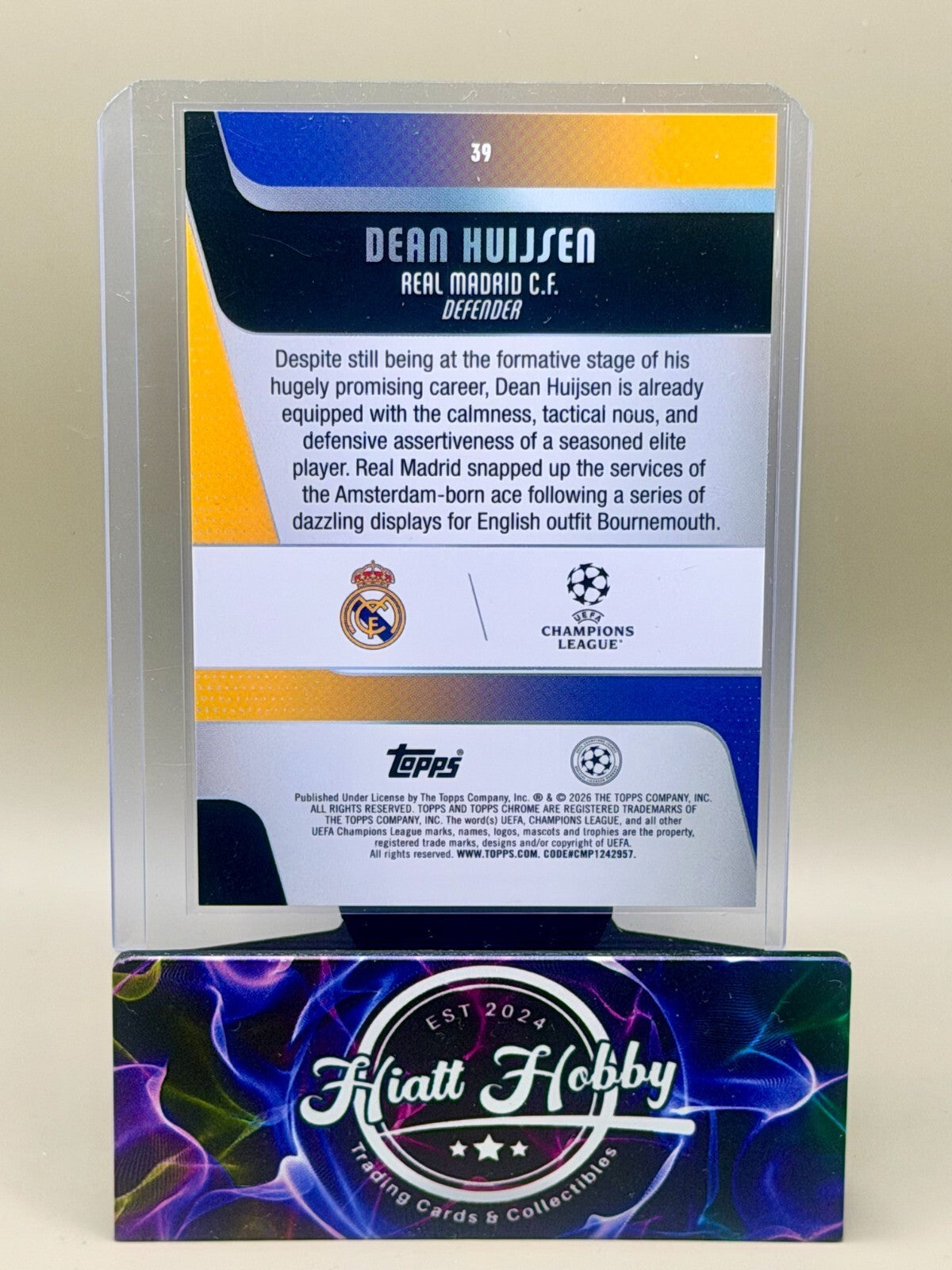 2025-26 Topps Chrome UEFA Soccer - #39 Dean Huijsen - Fuchsia Mini Diamond /250
