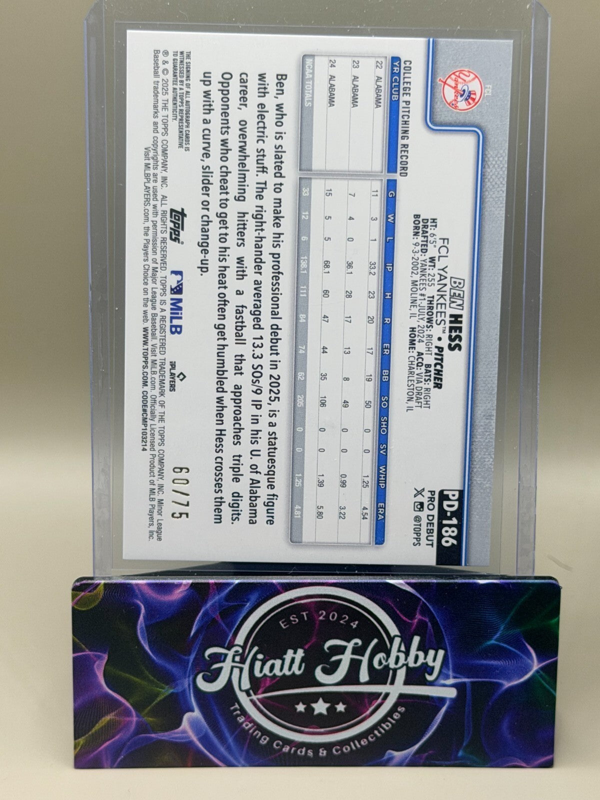 2025 Topps Pro Debut - #PD-186 Ben Hess - Aqua Auto /75 (AU, RC)