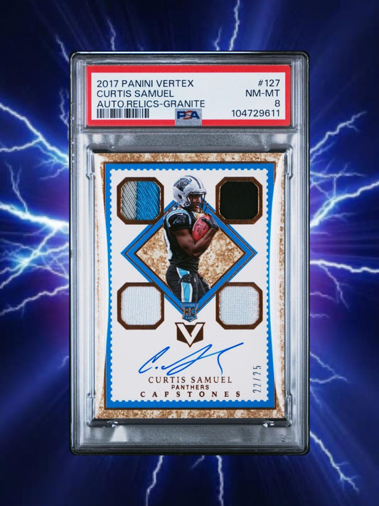 2017 Panini Vertex - Curtis Samuel Quad RPA - Granite /25 - PSA 8 (AU, MEM, RC)