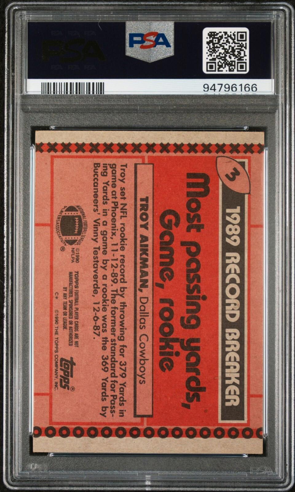 1990 Topps - Record Breaker #3 Troy Aikman - Disclaimer Back PSA 5
