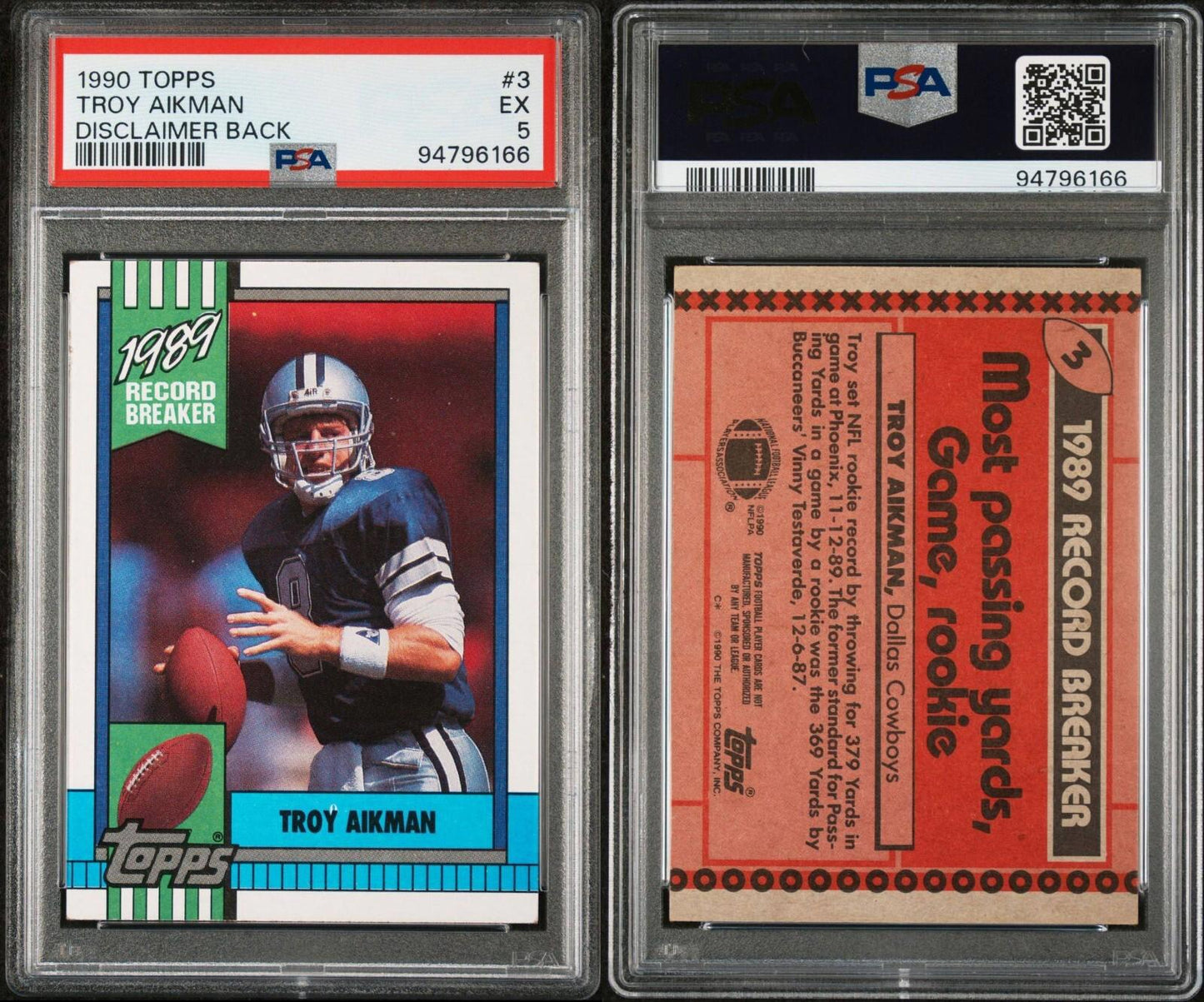 1990 Topps - Record Breaker #3 Troy Aikman - Disclaimer Back PSA 5