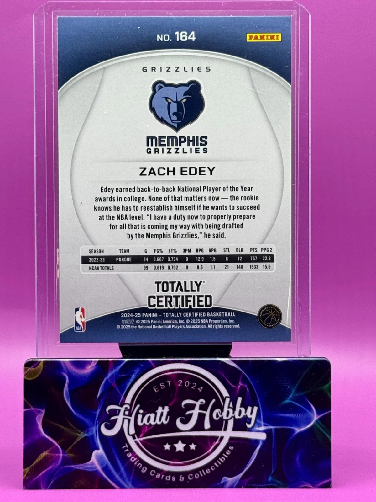 2024-25 Panini Totally Certified - Rookies Zach Edey #164 Maroon Mirror (RC)