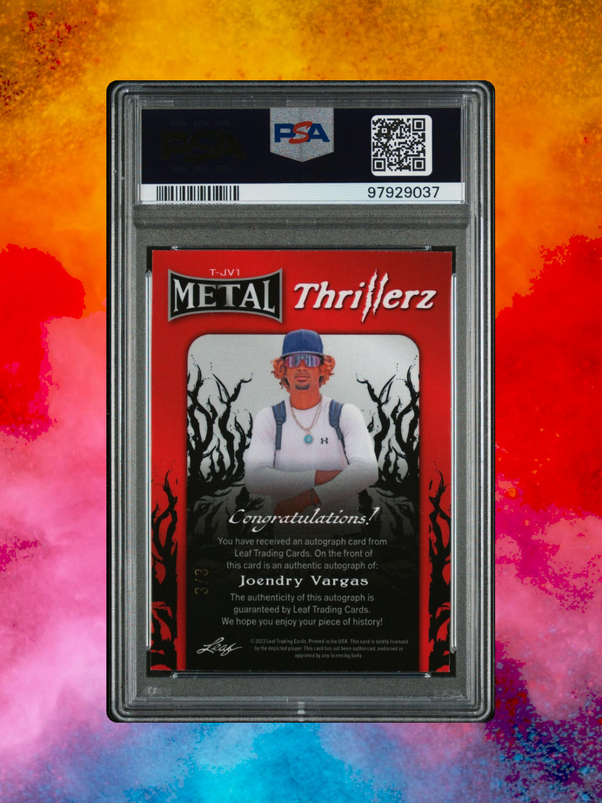 2023 Leaf Metal Thrillerz Joendry Vargas #T-JV1 - Pink Pulsar Auto /3 - PSA 9
