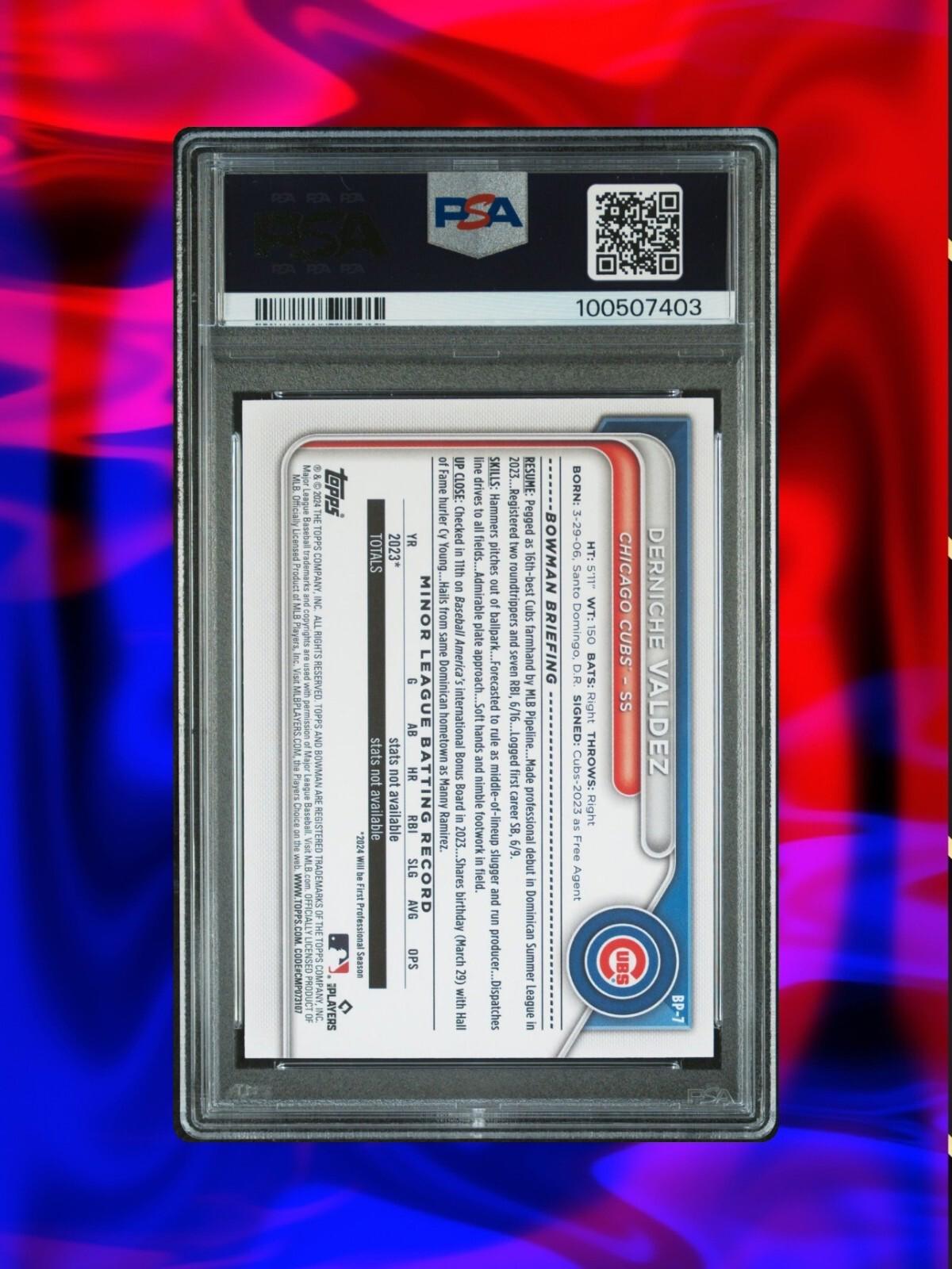 2024 Bowman - Prospects Purple Border #BP-7 Derniche Valdez /250 (RC) - PSA 9