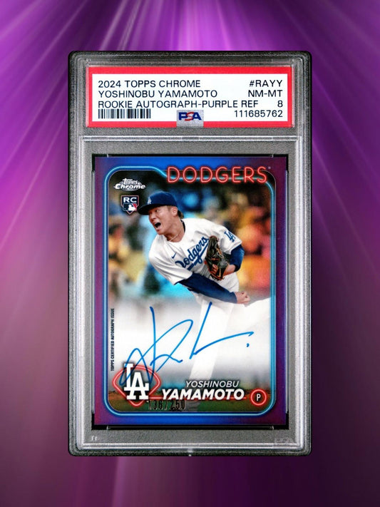 2024 Topps Chrome - Yoshinobu Yamamoto - Purple Auto /250 (RC, AU) - PSA 8