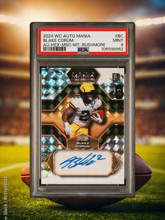 2024 Wild Card Auto Mania - Blake Corum - Mt Rushmore Mosaic Auto 3/3 - PSA 9