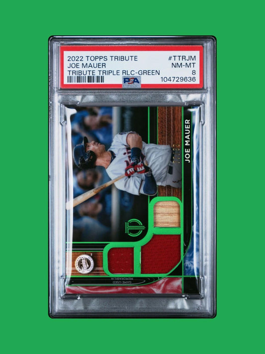 2022 Topps Tribute - Joe Mauer TTR-JM - Green Triple Relics /99 - PSA 8 (MEM)